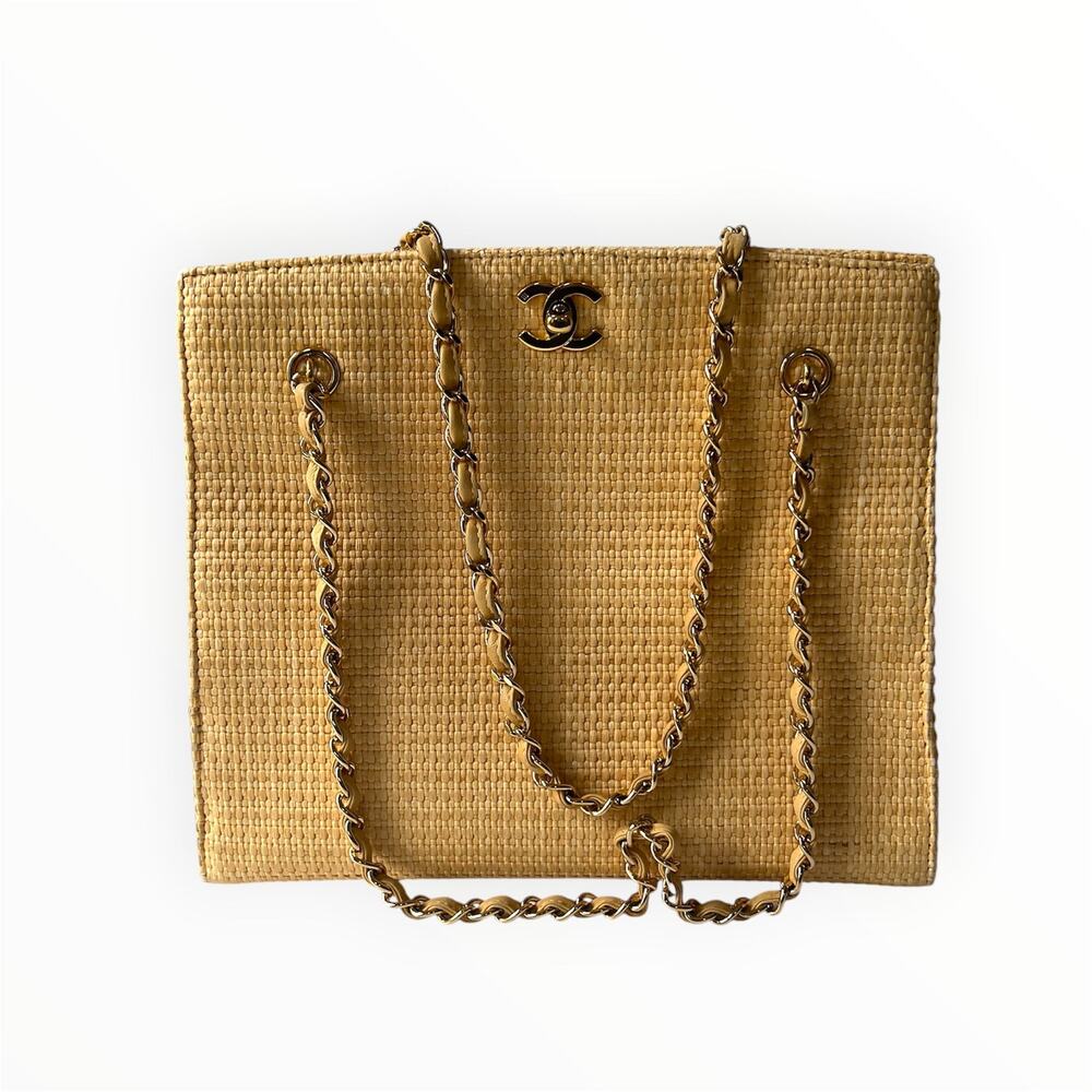 Vintage Chanel 90s CC Logo Chain Shoulder Bag Cream Gold Straw - Picture 2 of 9